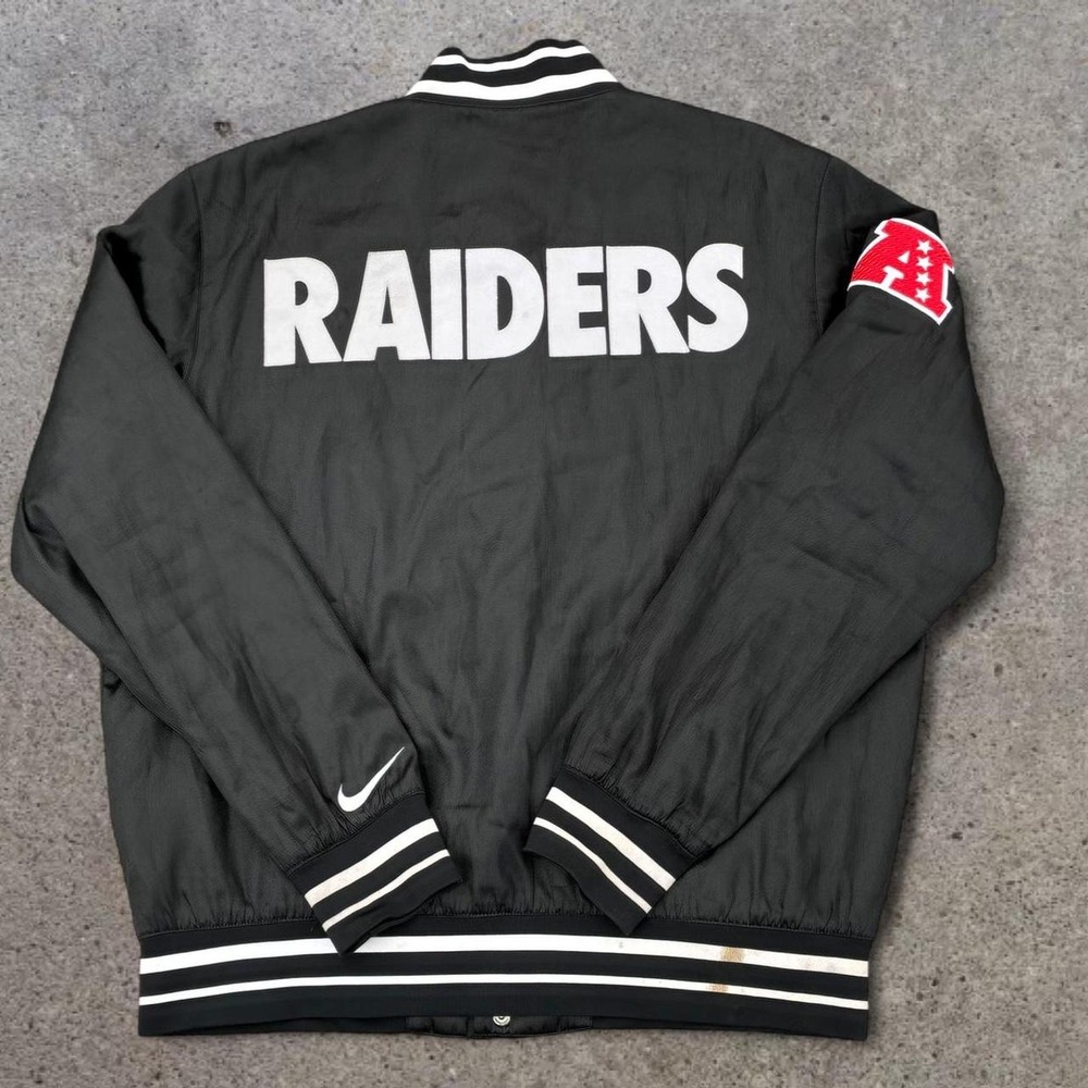 Nike NFL Oakland Raiders Black Satin Varsity Bomber Jacket Large